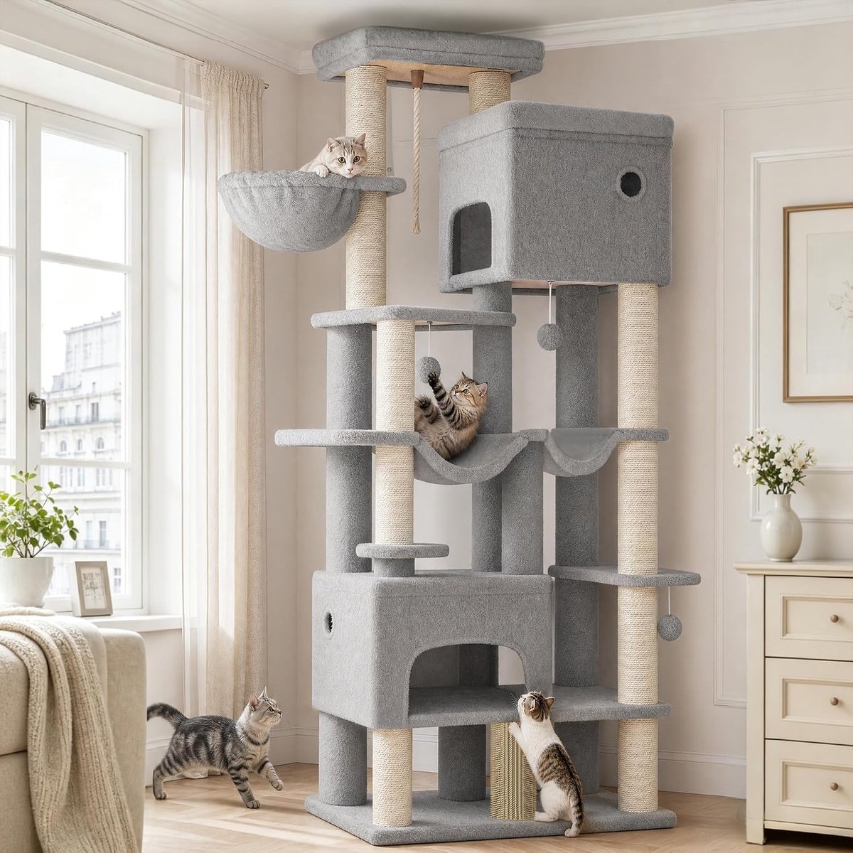 Hzuaneri Krabpaal, 185 cm XL Krabpaal met 10 krabpalen, 2 holen, 2 hangmatten, groot platform, kattenborstels, mandje, robuuste krabpaal voor Maine Coons en grote katten, lichtgrijs