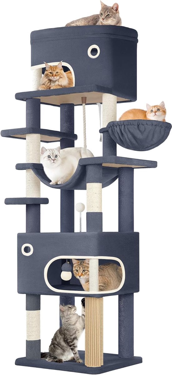 Hzuaneri Kattenkrabpaal, 203 cm Meerlaagse Kattenboom met Groot Platform, 2 Grotten, 7 Sisalpalen, Pompons, Kattenmand, Hangmat, Geschikt voor Katten van Alle Groottes, Donkergrijs