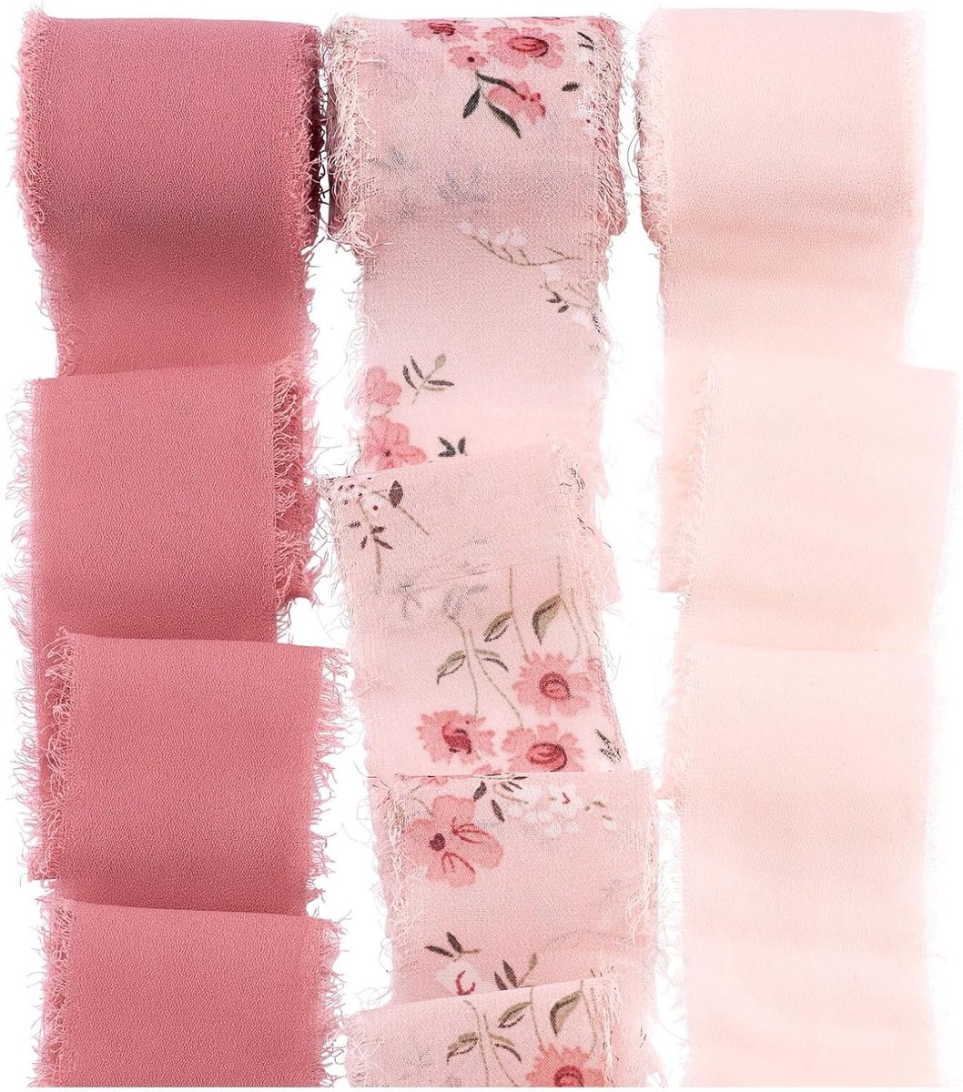 SnelShoppen - 3 Rollen Polyester Franjelinten 40mm Chiffon Ribbons Roze Bloemmotief voor Trouwringen, Cadeauverpakking, Creatief Knutselen