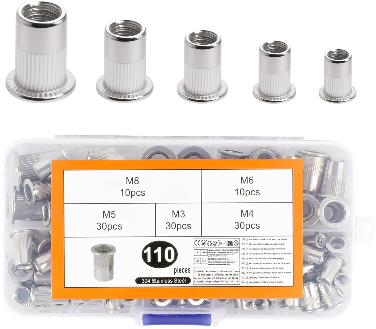 Assortiment van 110 RVS blinde moeren M3 M4 M5 M6 M8 voor metaalbewerking, inclusief vlakke kop en draadbussen