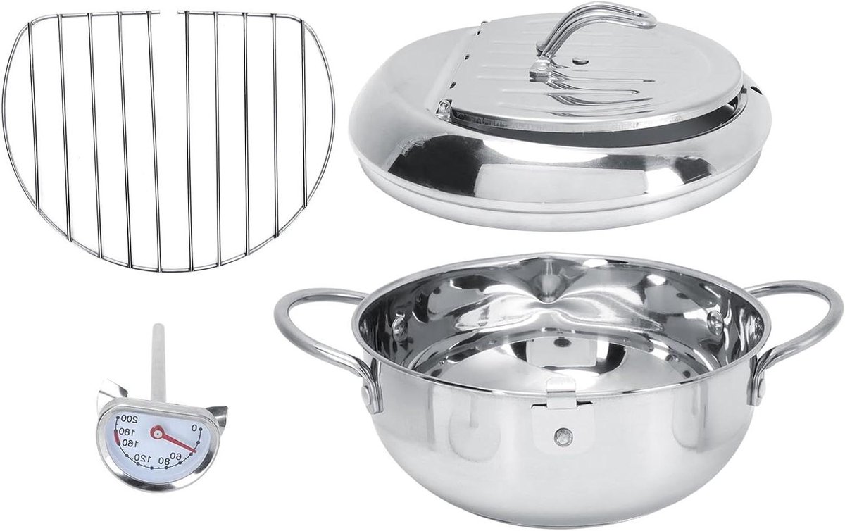 Tempura Koekenpan - Japanse Frituurpan - Lekker Frituren - Met Thermometer - 28 Cm - Zilver
