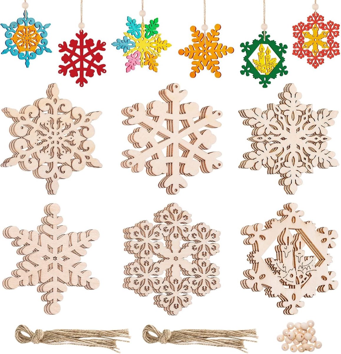 18 Stuks Houten Kersthangertjes, Sneeuwvlokken en Kerstboomdecoraties voor DIY Kerstversiering en Cadeau Hangers