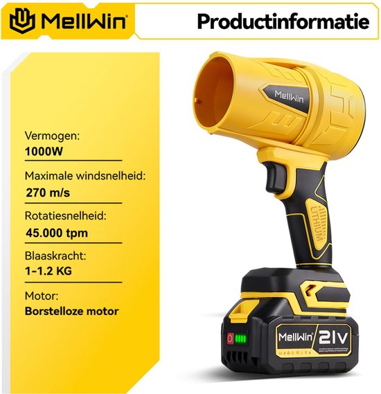 MellWin Accu Bladblazer - 270 m/s Turbo-Blazer - met 2 x 6.0 Ah Accu's - Borstelloze Motor - 45.000 tpm - voor het wegblazen van bladeren, sneeuw en stof van MellWin — afbeelding 2