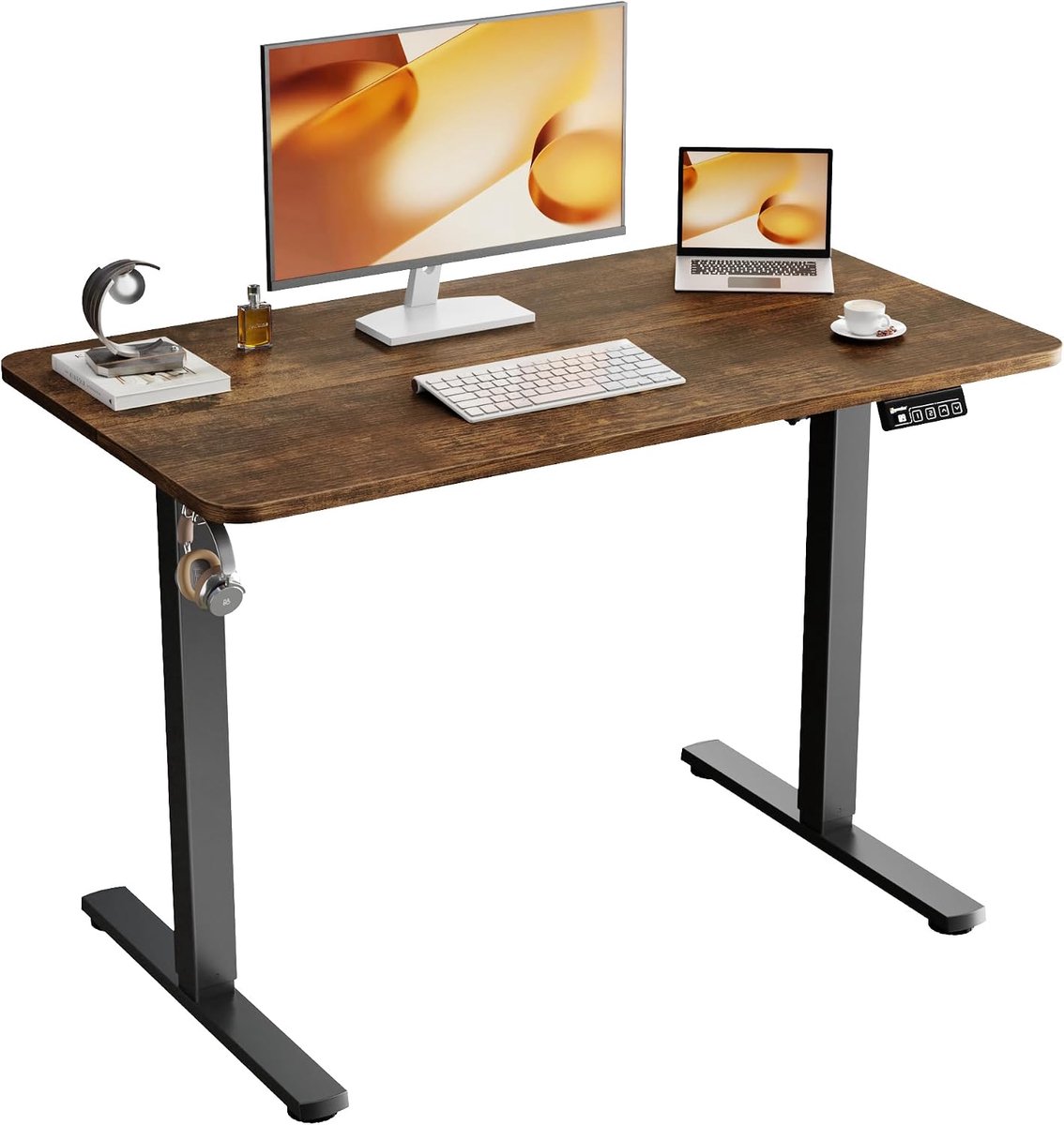 SnelShoppen - Ergonomisch Elektrisch Bureau 110x60cm, In hoogte Verstelbaar Zit-Sta Bureau met 2 Geheugenposities, 2 Haakjes, Gesplitst Blad, Voor Thu