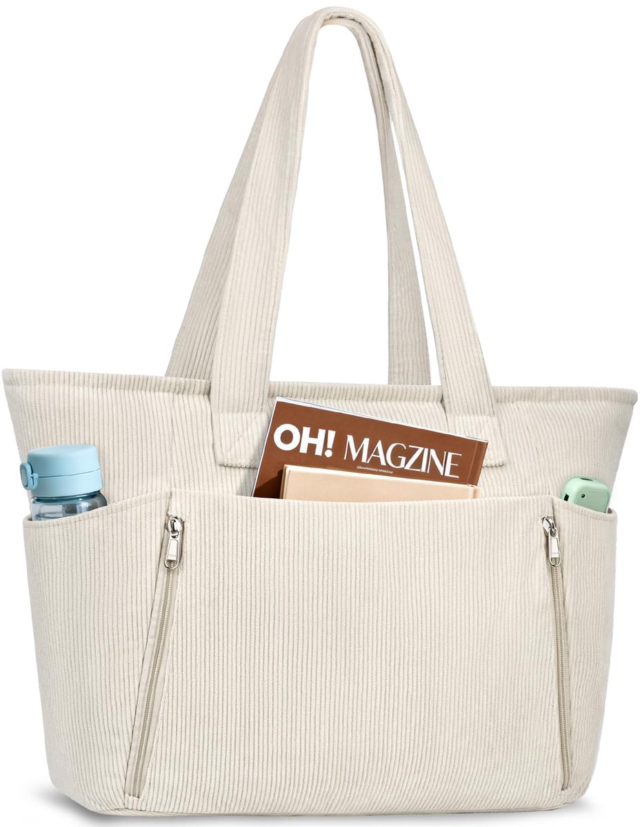 SnelShoppen - Grote Beige Corduroy Tote Tas voor Dames - Handtas met Rits - Ideaal voor School, Werk, Winkelen en Reizen - Ruime Schoudertas voor Lapt