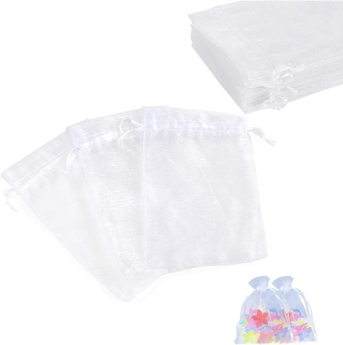 Organza Zakjes voor Trouwen, Set van 50, 10 x 15 cm, Witte Cadeauzakjes voor Sieraden, Chocolade en Tuinbescherming met Trekkoord