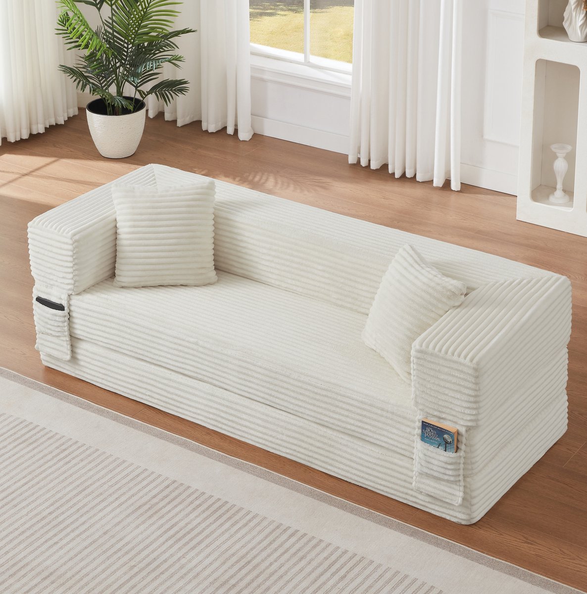 MEUNIQ 3-zits slaapbank 200 x 76 x 60 cm met cordstof look en schuimvulling, omvormbaar tot klein tweepersoonsbed, moderne zitbank voor woonkamer, wit