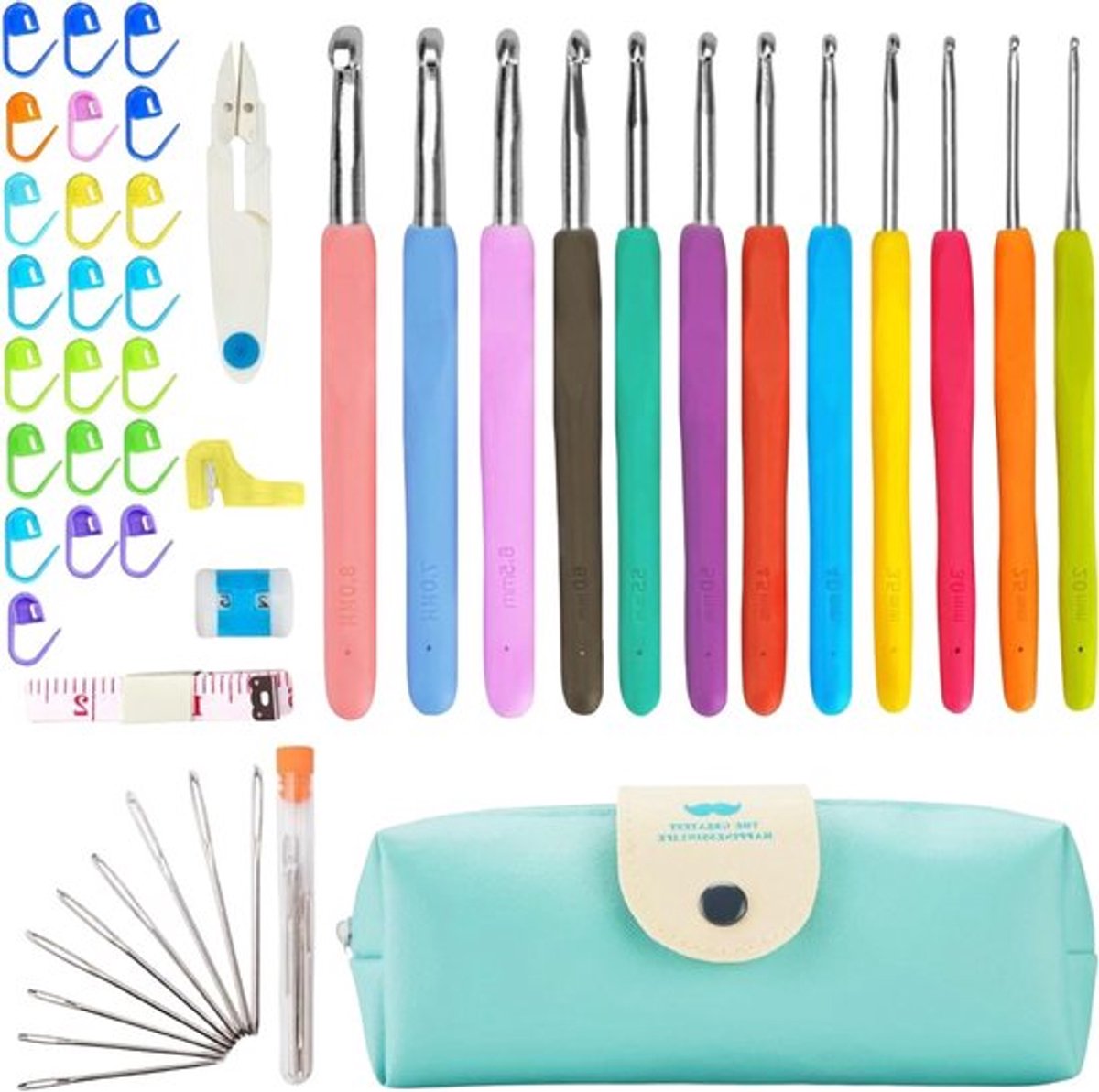 Haaknaalden Set van 47 Stuks met 12 Maten van 2mm tot 8mm, Inclusief Haakaccessoires en Draagtas, Ideaal voor Kinderen en Beginners, Comfortabele Rubber Haaknaalden