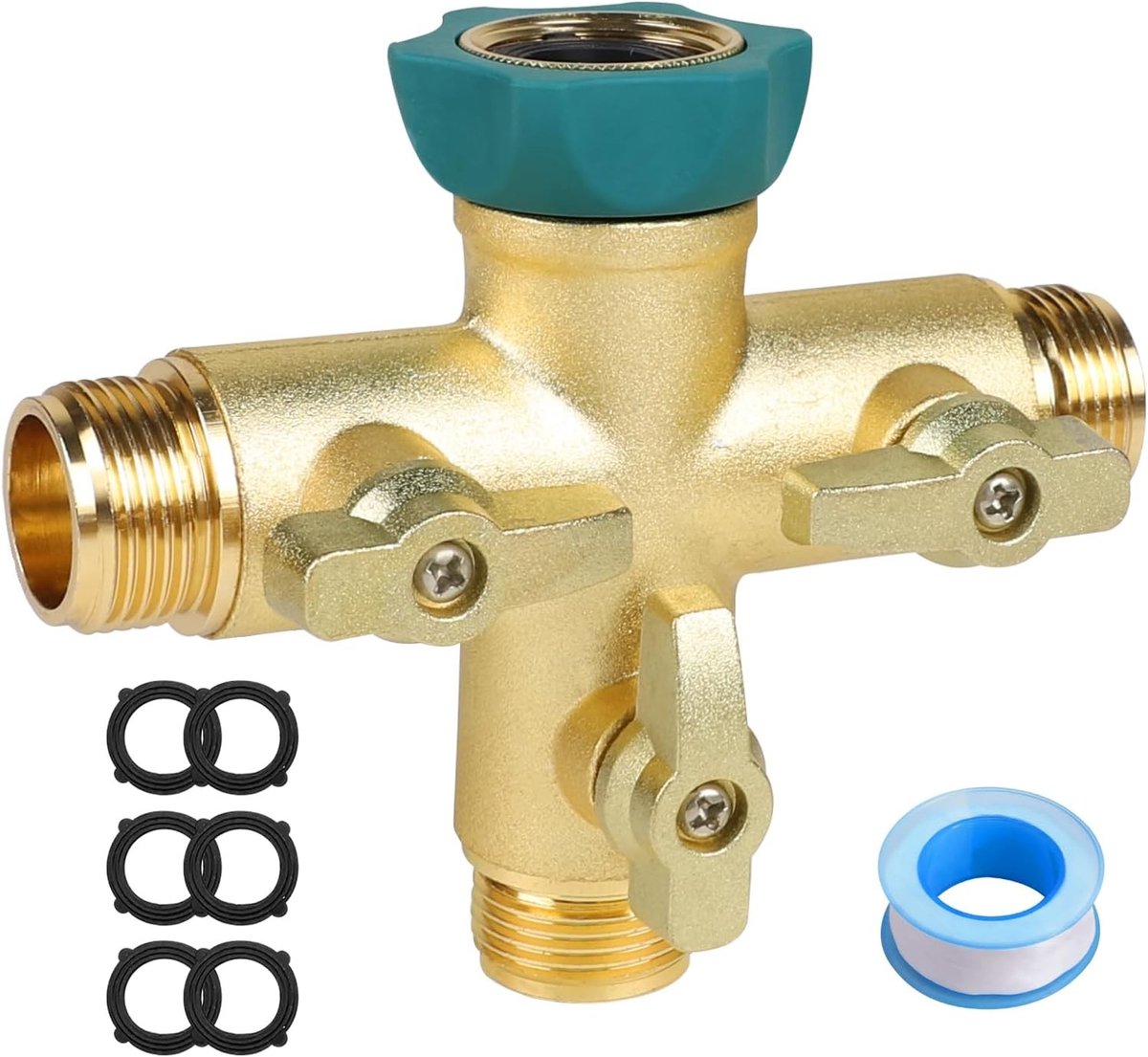 Waterverdeler - 3-weg T-verdeler - 3/4 inch - Messing met Afdichtingen en Plakband - Voor Tuinslangen en Wasmachines