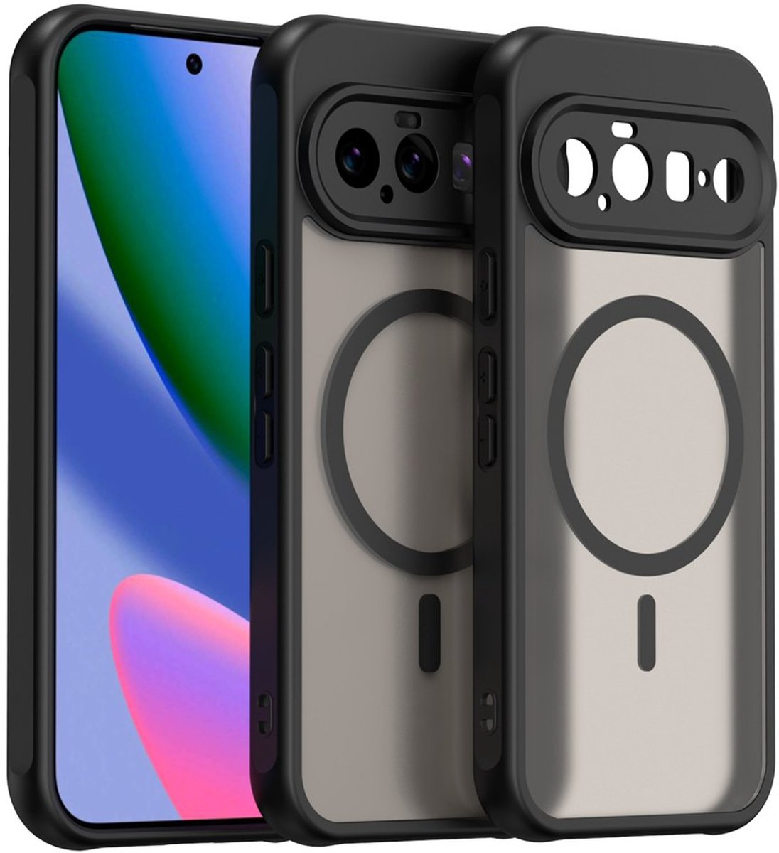 MobyDefend Hoesje - Geschikt voor Google Pixel 11 - Case Geschikt voor MagSafe - Mat Transparant Met Gekleurde Rand - Zwart