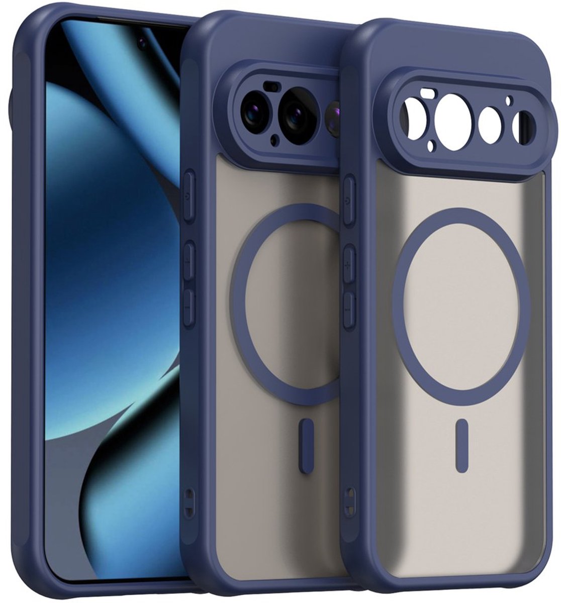 MobyDefend Hoesje - Geschikt voor Google Pixel 11 Pro - Case Geschikt voor MagSafe - Mat Transparant Met Gekleurde Rand - Blauw
