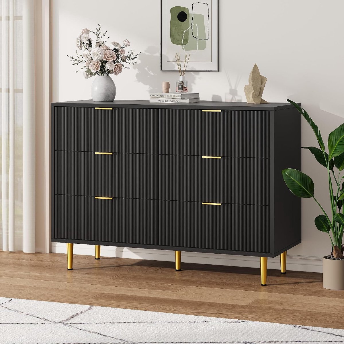 Luxe Ladekast zwart - 6 Laden - Modern Gegolfd Design met Gouden Handgrepen - Commode voor Slaapkamer of Woonkamer - 100 x 40 x 75 cm