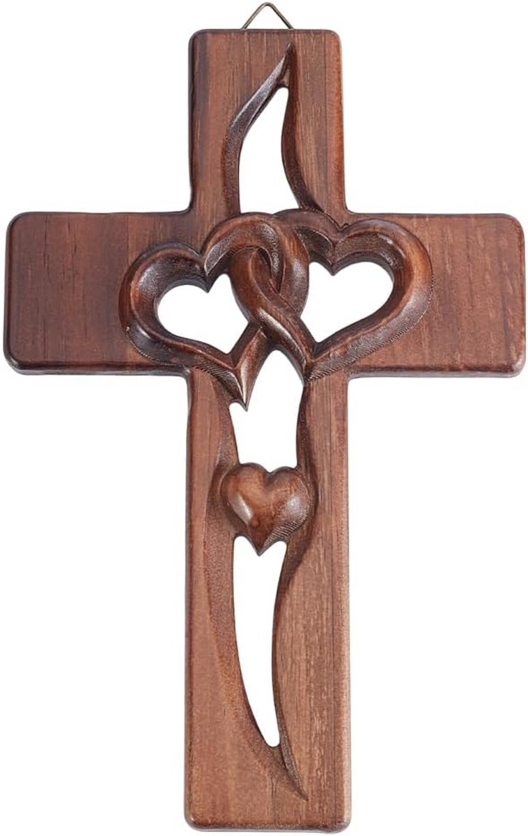 SnelShoppen - Houten Wanddecoratie Kruis met Hart Snede - 1 Stuk Koffie Bruin Hangsysteem voor Woonkamer, Slaapkamer of Entree - Decoratieve Interieur