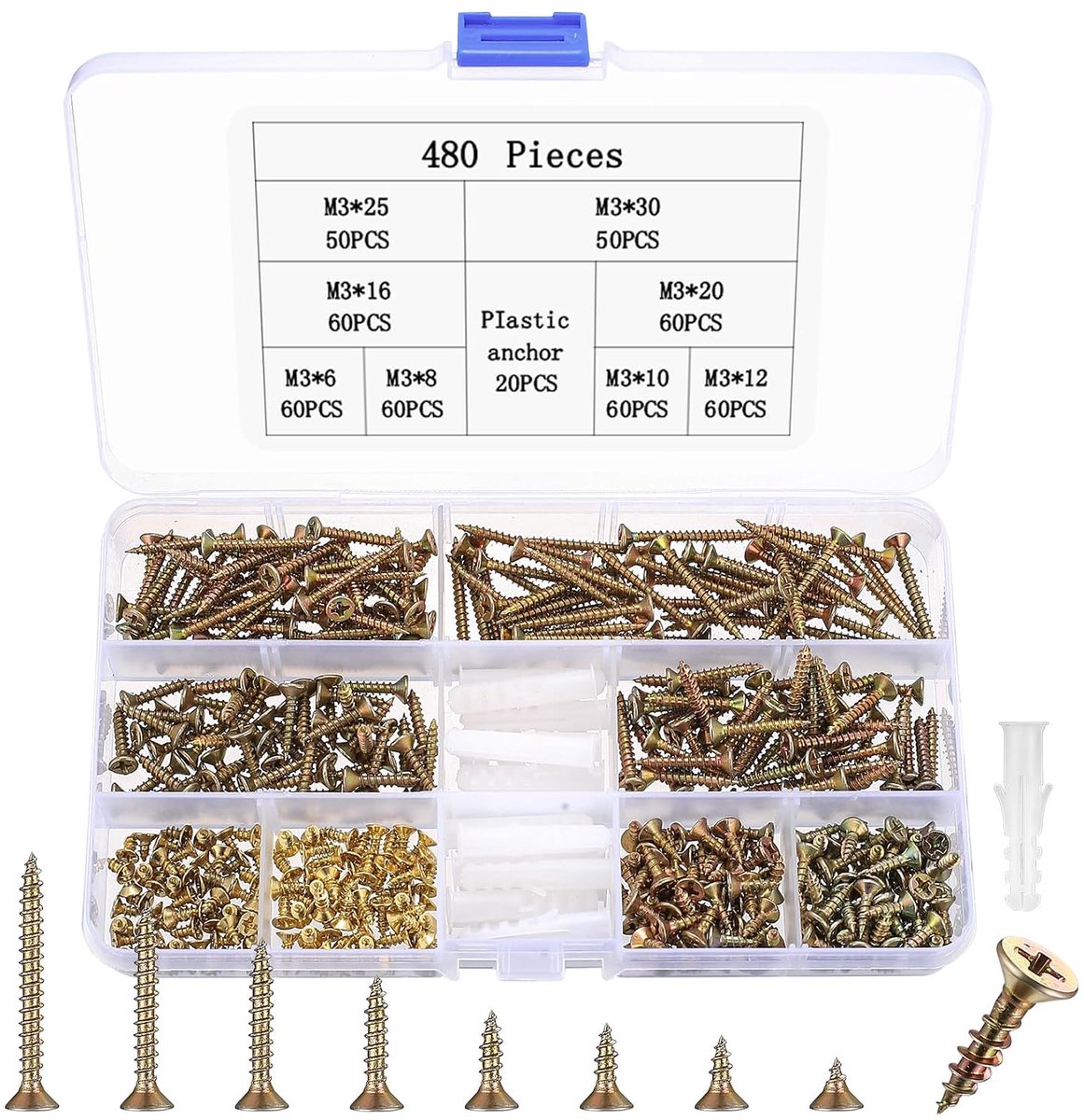 Assortment of 480 Universal Self Tapping Phillips Head Wood Screws M3 Flat Head Full Thread for DIY Project Repair - ShopVlot