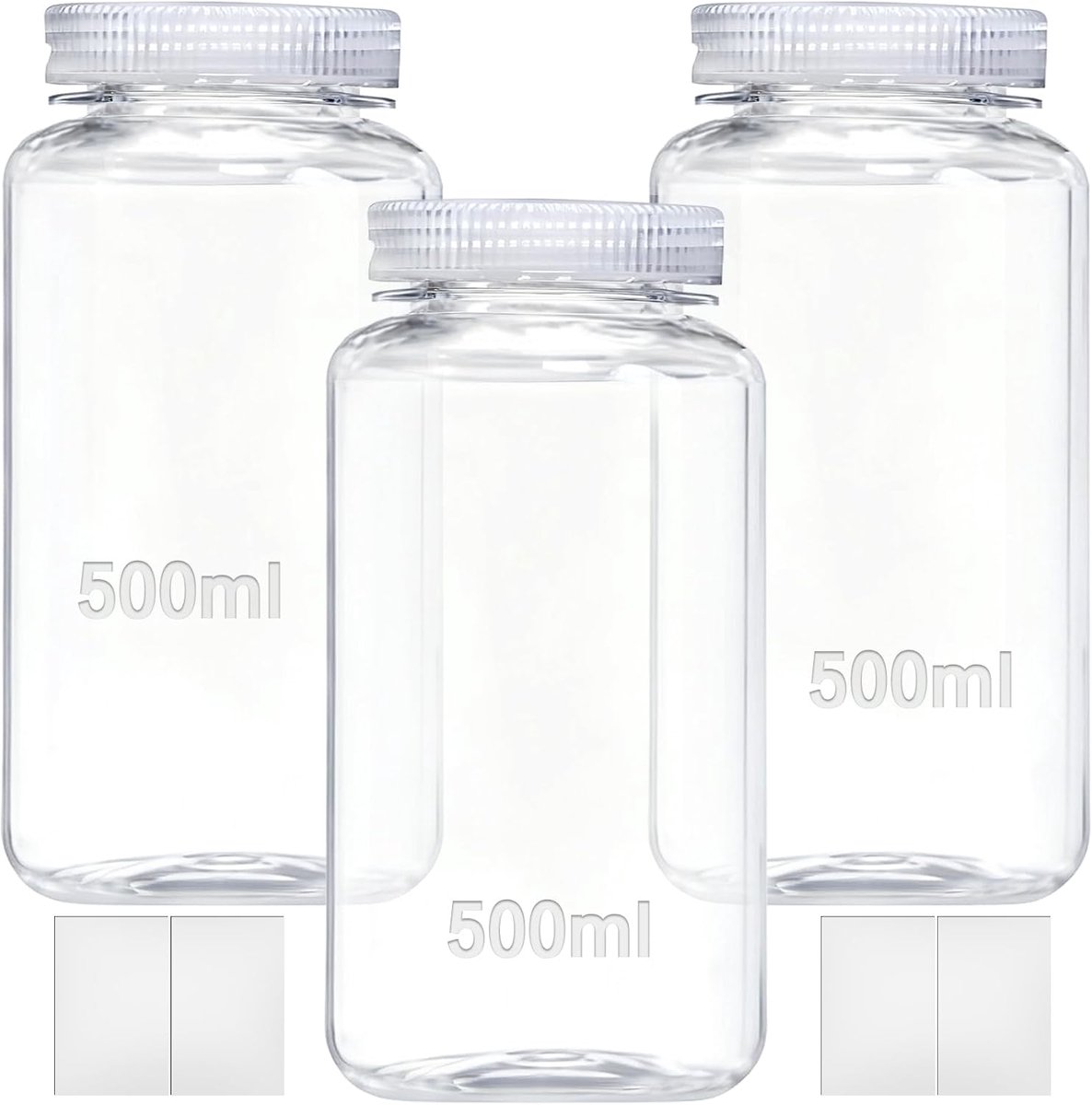 SnelShoppen - Set van 3 Brede Nek Flessen, 500 ml, Laboratorium Fles, Lege Plastic Fles voor Vullen, Kleine Plastic Fles, Lekvrij, Transparant, Met Br