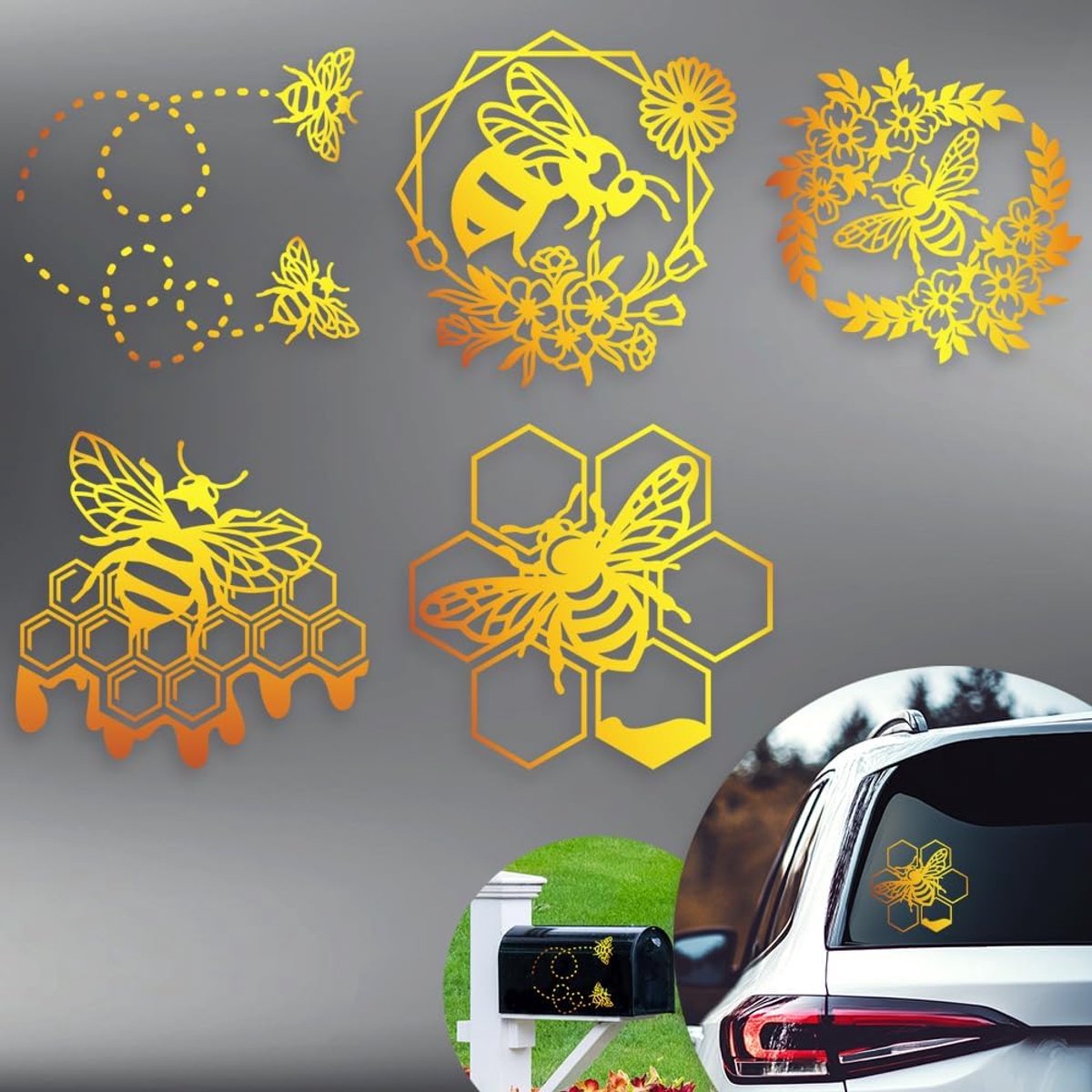 SnelShoppen - 5 Stijlen Reflecterende Bijen Stickers Voor Auto - Waterproof Decoratieve Decals Voor Auto, Truck, Muur, Laptop - Gouden Bijenthema