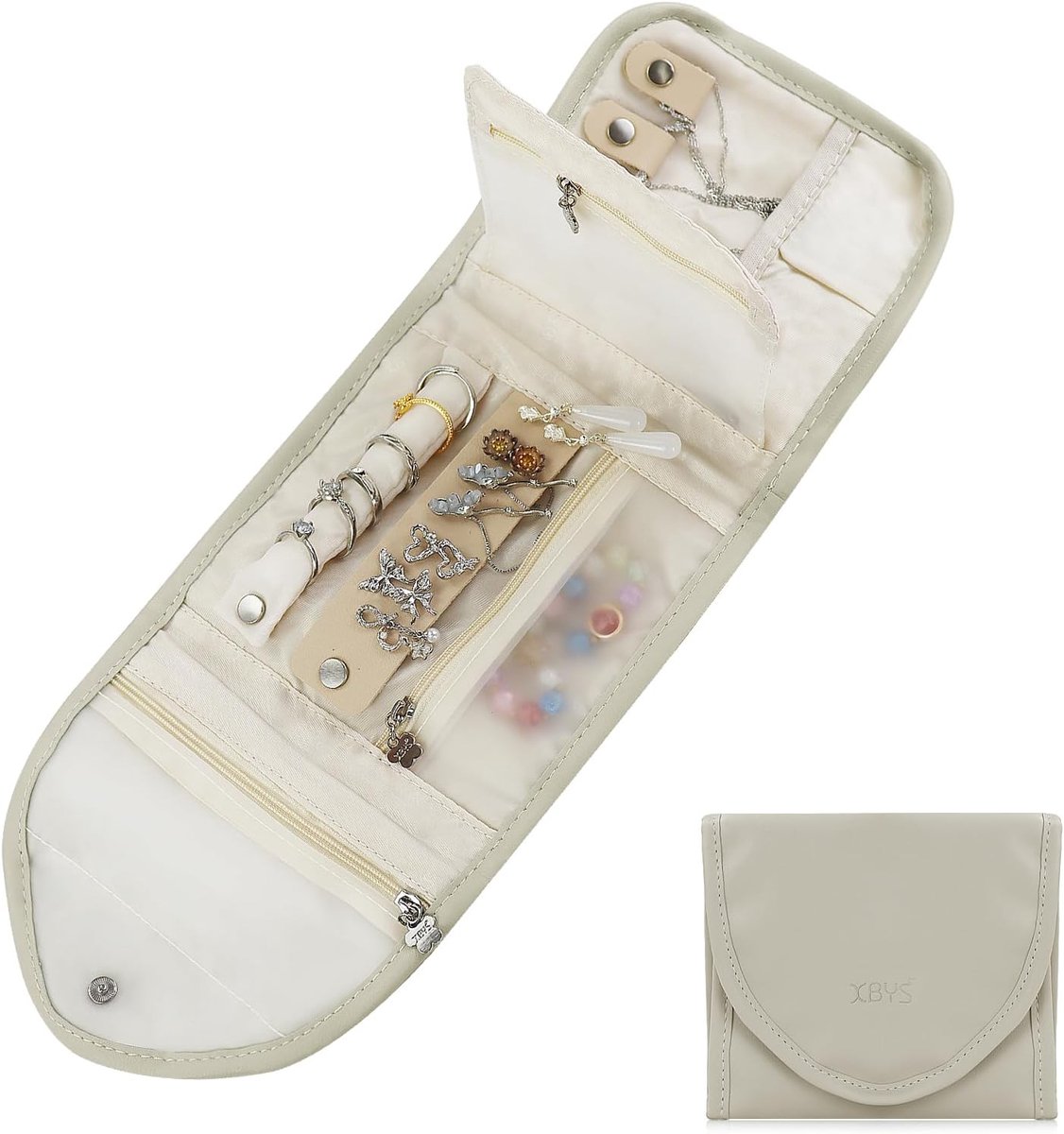SnelShoppen - Reisjuwelentas, Opvouwbare Sieraden Organizer voor Oorbellen, Ringen, Armbanden, Kettingen, 6 Opbergruimtes, Grijs