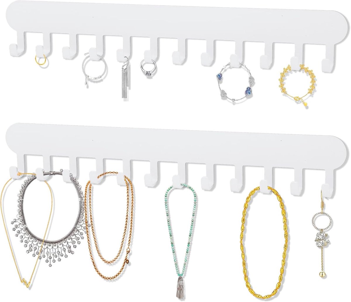 SnelShoppen - 2 Stuks Wandhanger Sieraden Organizer voor Kettingen, Armbanden en Oorbellen, Snelle Installatie (Wit)