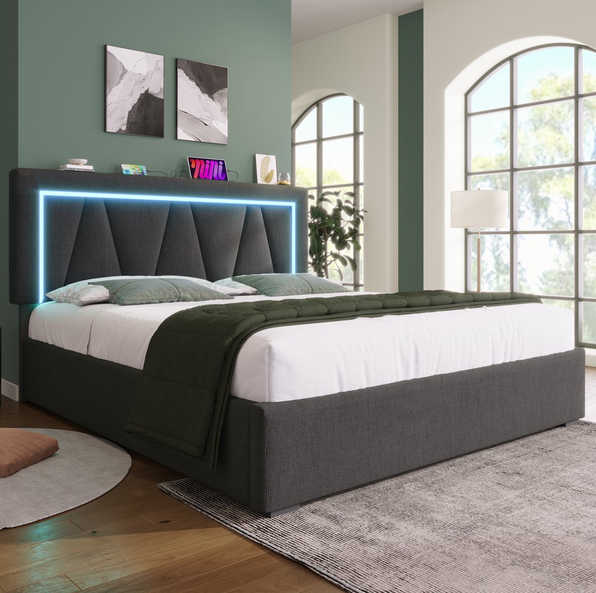 REDOM Gestoffeerd bed - LED-verlichting en USB-C - Verstelbaar hoofdeinde en opbergruimte - Met lattenbodem - Modern - Slaapkamer - Stof en metaal - Grijs - 160 x 200 cm