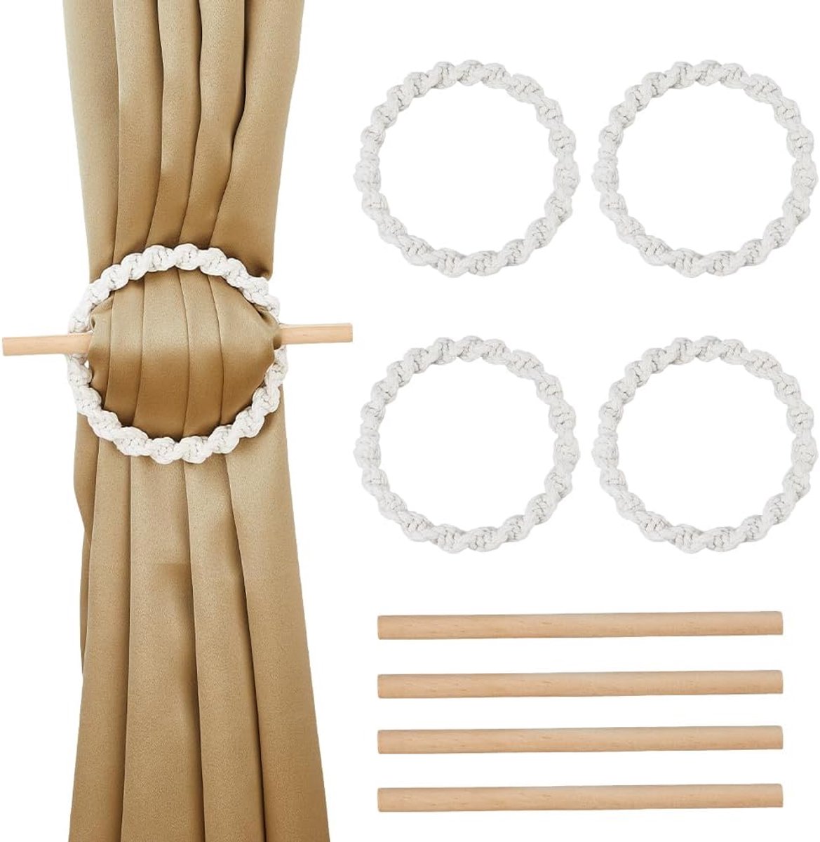 SnelShoppen - Set van 4 Creatieve Boho Gordijnhouders, Rustieke Decoratieve Gordijnsteunen met Houten Stok, Farmhouse Gordijnhouders voor Thuis, Buite