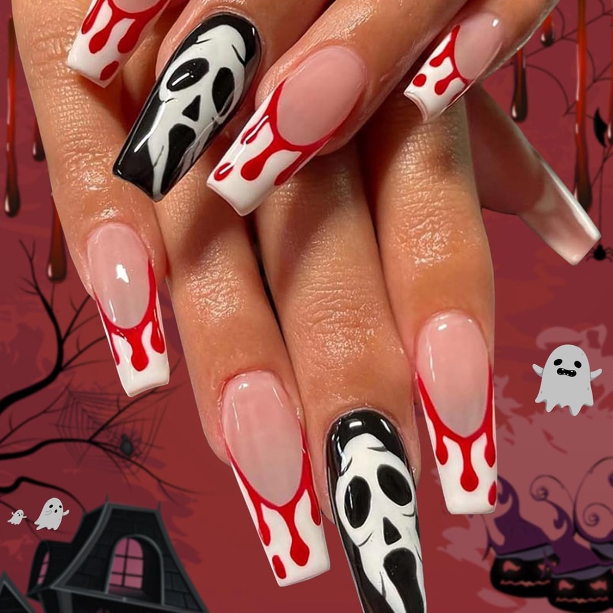 SnelShoppen - 24 Stuks Kunstnagels voor Halloween, Lang Coffin, Zwart en Wit, Druknagels met Spook en Spinweb Ontwerp, Acryl Nepnagels met Bloed Drupp