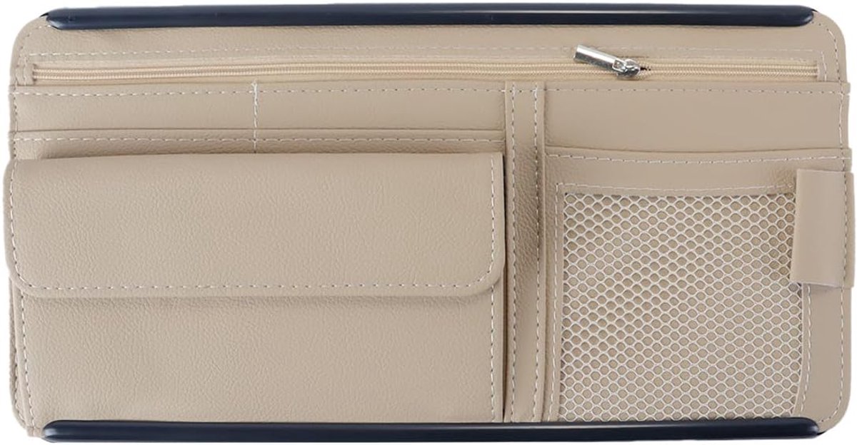 SnelShoppen - Car Sun Visor Organizer Leer Opbergzak voor Kaarten, Rijbewijzen, Brillen en Documenten, Auto Binnenaccessoire Beige