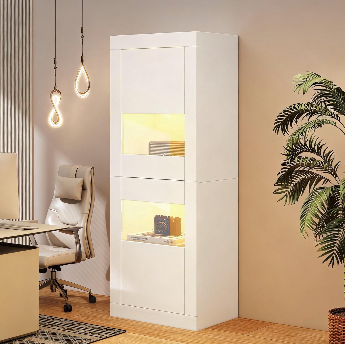 FloraGrace Vitrinekast LED Verlichting Verstelbare Glazen Planken Voor Woonkamer En Eetkamer Van Spaanplaat Acryl En Gehard Glas 61x42x162 Cm Wit