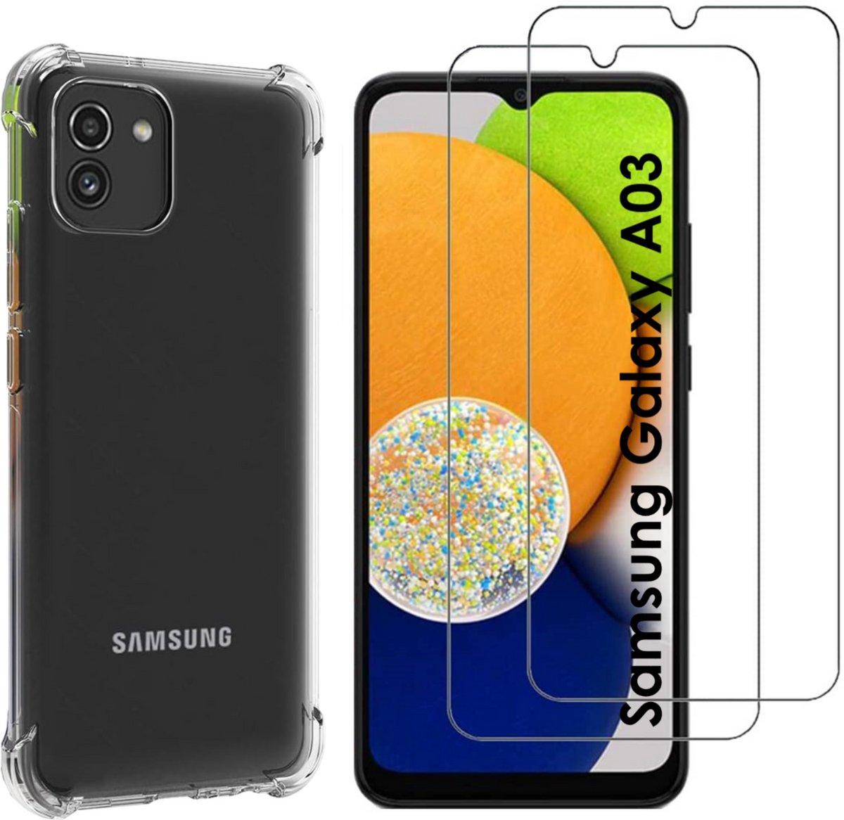 Hoesje geschikt voor Samsung Galaxy A03 backcover Shockproof siliconen Transparant en 2 stuks Screenprotector Gehard Glas