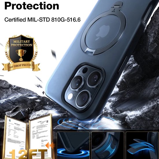 Donkerblauwe telefoonhoes met militaire certificering, 360 graden valbescherming.