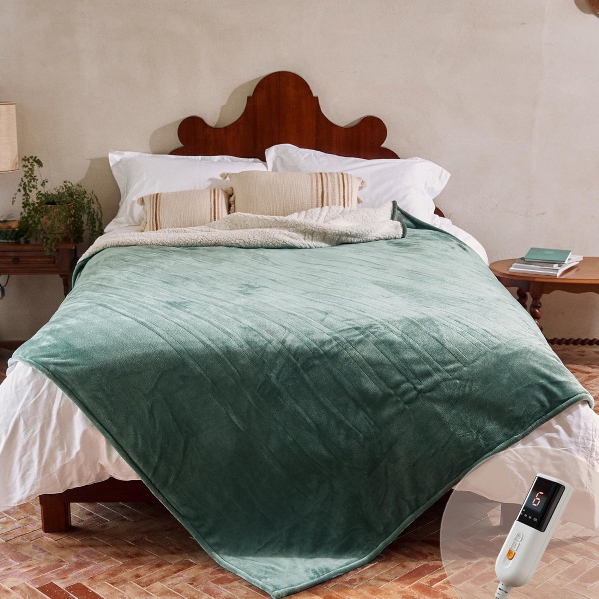 SnelShoppen - GOTCOZY Elektrische Deken 150x200cm Zachte Pluche Warmtedeken met 9 Warmtestanden en 10-uurs Auto-Uit Timer voor Thuis en Kantoor in Gro