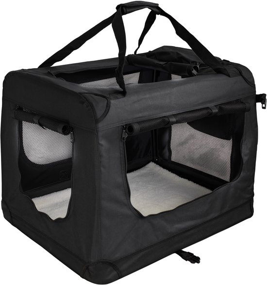 Zwarte hondenbench met drie openingen, handvatten en ventilatiepanelen.