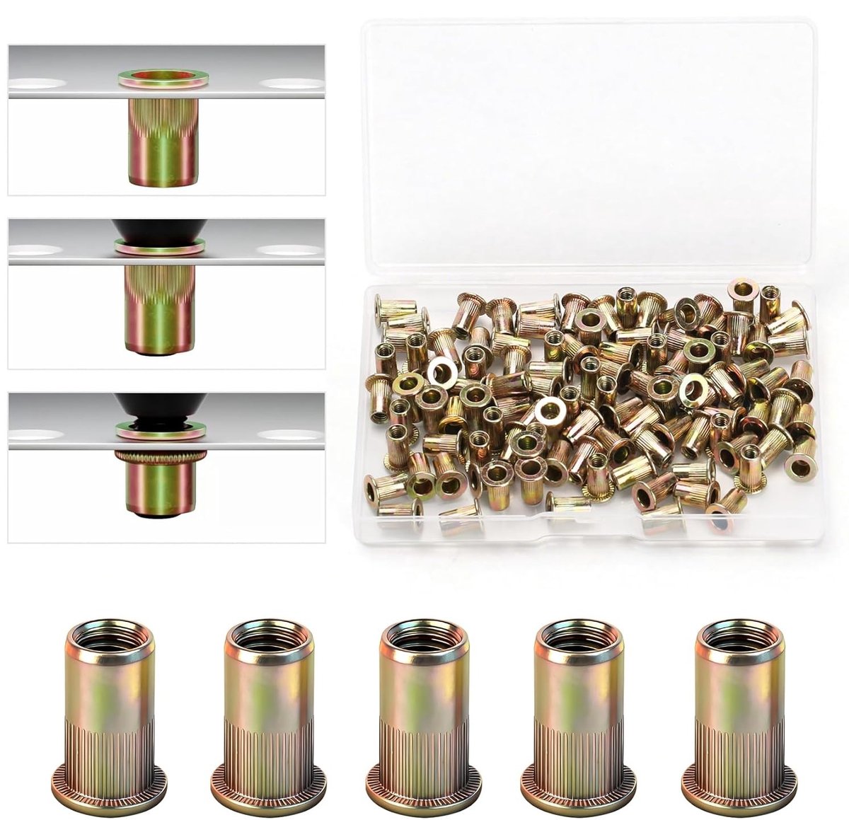 105 stuks M3 blindklinkmoeren set, verzinkte draadinzetmoeren voor metalen platen, buizen en apparaten, ronde platte kop inslagmoeren