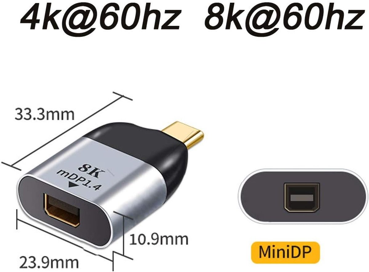 SnelShoppen - USB C naar Mini DisplayPort Adapter 4K 60Hz voor Tablet, Telefoon, Laptop - Compatibel met MacBook, Surface Pro, Samsung, Huawei