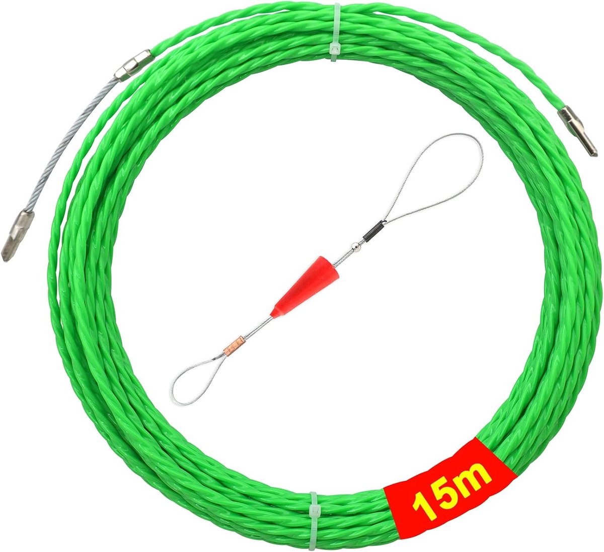 SnelShoppen - Retractable Spiral 15m Polyester Trekdraad met Gidsveer voor Kabels en Lege Buizen - Ideale Trekband voor Kabelleggen - Groen