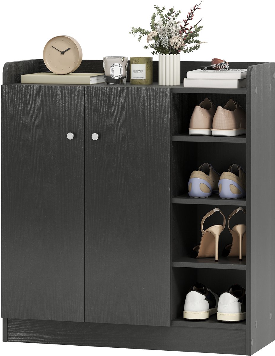 Schoenenkast smalle schoenenkast met 2 deuren 83 x 30 x 90 cm Zwart | 4 open vakken, voor 12 paar, schoenenrek, verstelbare planken, voor entree, hal