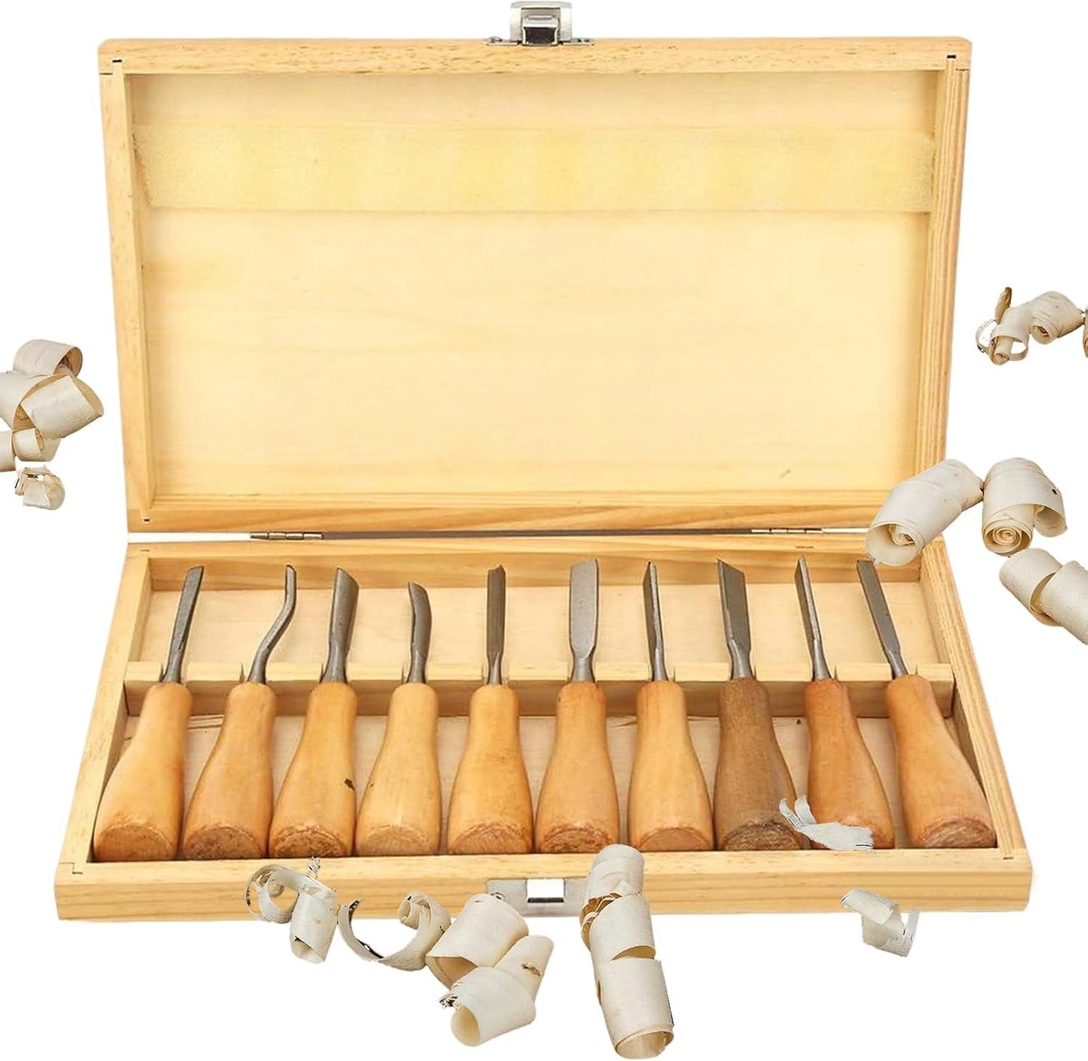 SnelShoppen - Houtsnijbeitelset, 10 Stuks Hoge Hardheid Houten Handgrepen Snijgereedschap Beitelset met Houten Opbergdoos, Houtbewerking Gereedschappe