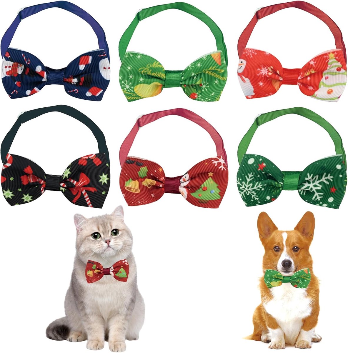 SnelShoppen - 6 Stuks Kerst Halsband voor Honden en Katten, Verstelbare Dierenstrik met Kerstpatronen, Ideaal voor Kleine Honden, Katten, Puppy en Kit