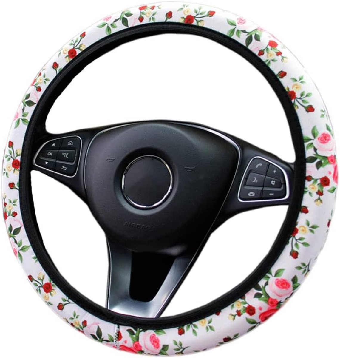 SnelShoppen - Stuurwielhoes voor Auto, Rozenpatroon, Universele Maat 37-38 cm, Antislip Stuurwielcover, Stuurwielbescherming, Auto Interieur voor Zome