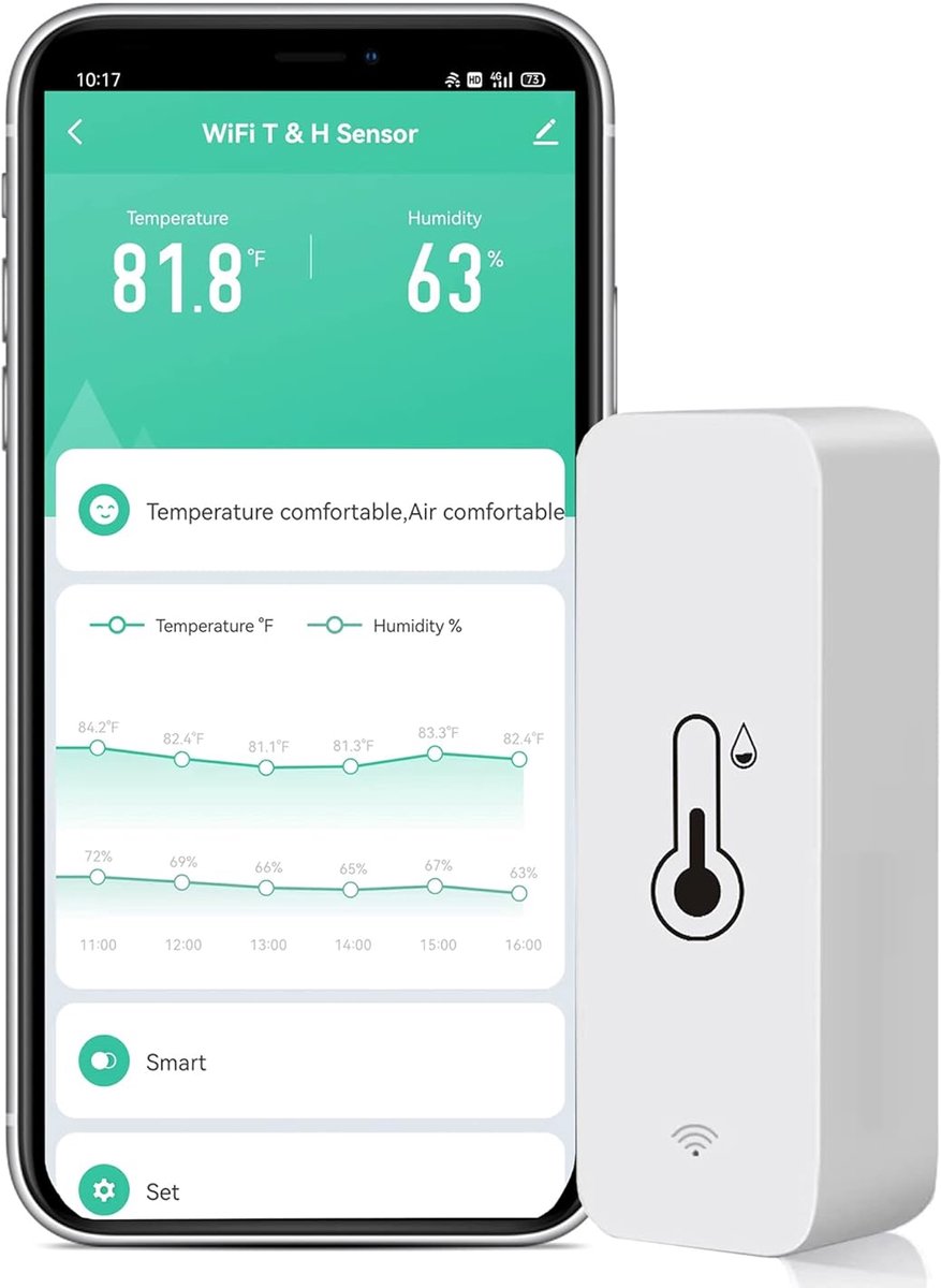 SnelShoppen - Wifi Temperatuurvochtigheidssensor - Draadloze Thermometer Hygrometer met App Melding, Gegevensopslag, Intelligente Binnentemperatuur- e