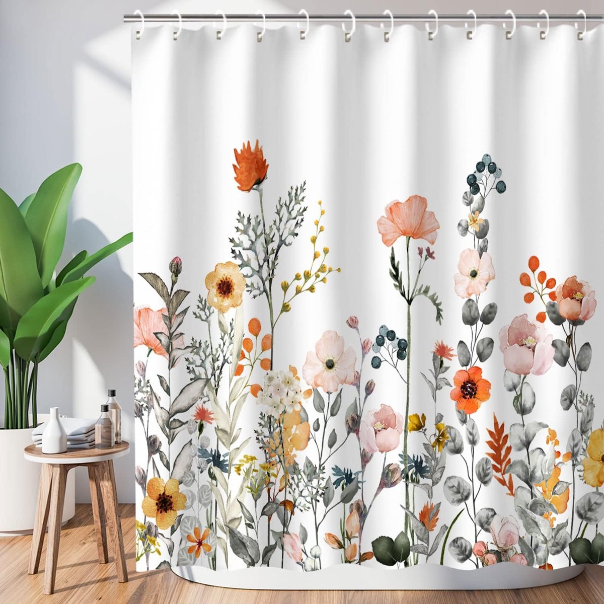 KZQ Bloemen douchegordijn 180x200 cm met haken - Waterverf planten design - Wasbaar en decoratief voor badkamer - Wildflower patroon - Geschikt voor elke badkamerstijl - Multicolor