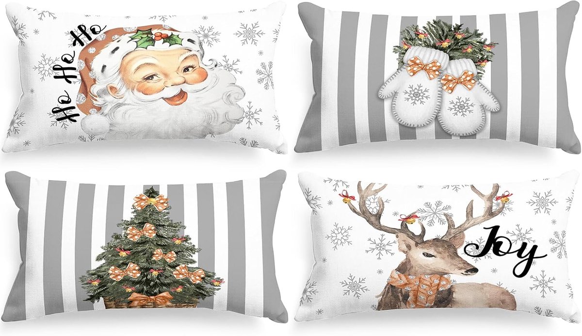 SnelShoppen - Set van 4 Retro Kerst Kussenhoezen 30x50 cm, Vintage Grijze Santa Claus Decoratieve Hoesjes voor Hoofdkussen, Feestelijke Slaapkamer en