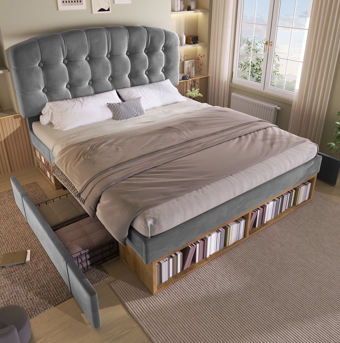 REDOM - Bedframe - Verstelbaar hoofdeinde - Met lades en opbergvakken - Lattenbodem - Gestoffeerd - Slaapkamer - Stof en hout - Grijs - 197 x 151 x 110-120 cm