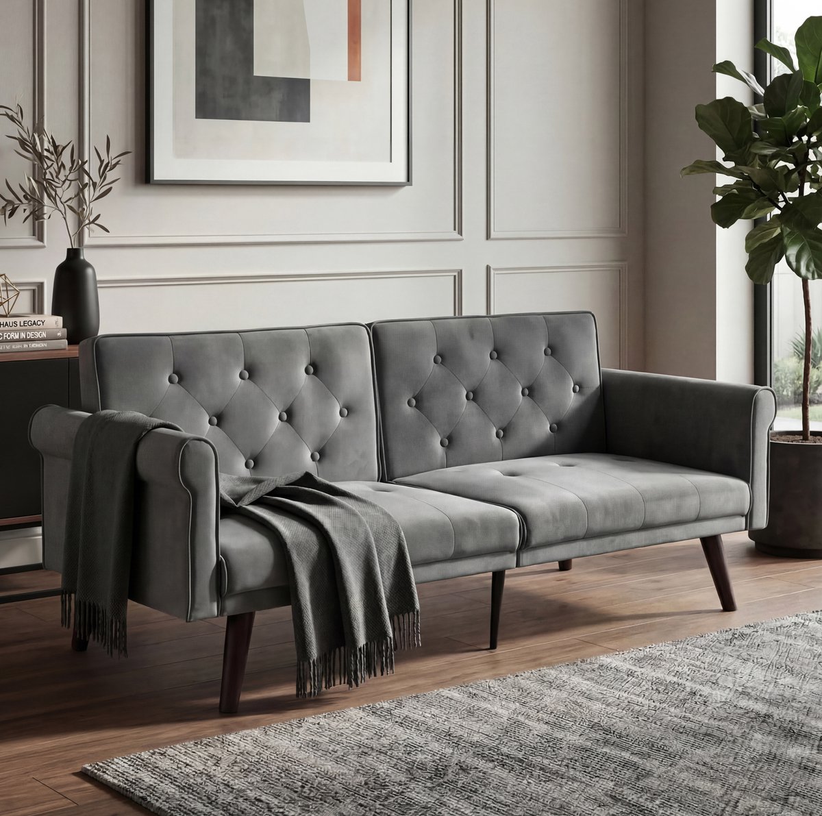 MEUNIQ 2-zits slaapbank met verstelbare rugleuningen, 5 standen, slaapfunctie, grijze velvet bekleding voor woonkamer, slaapkamer of kantoor Grijs