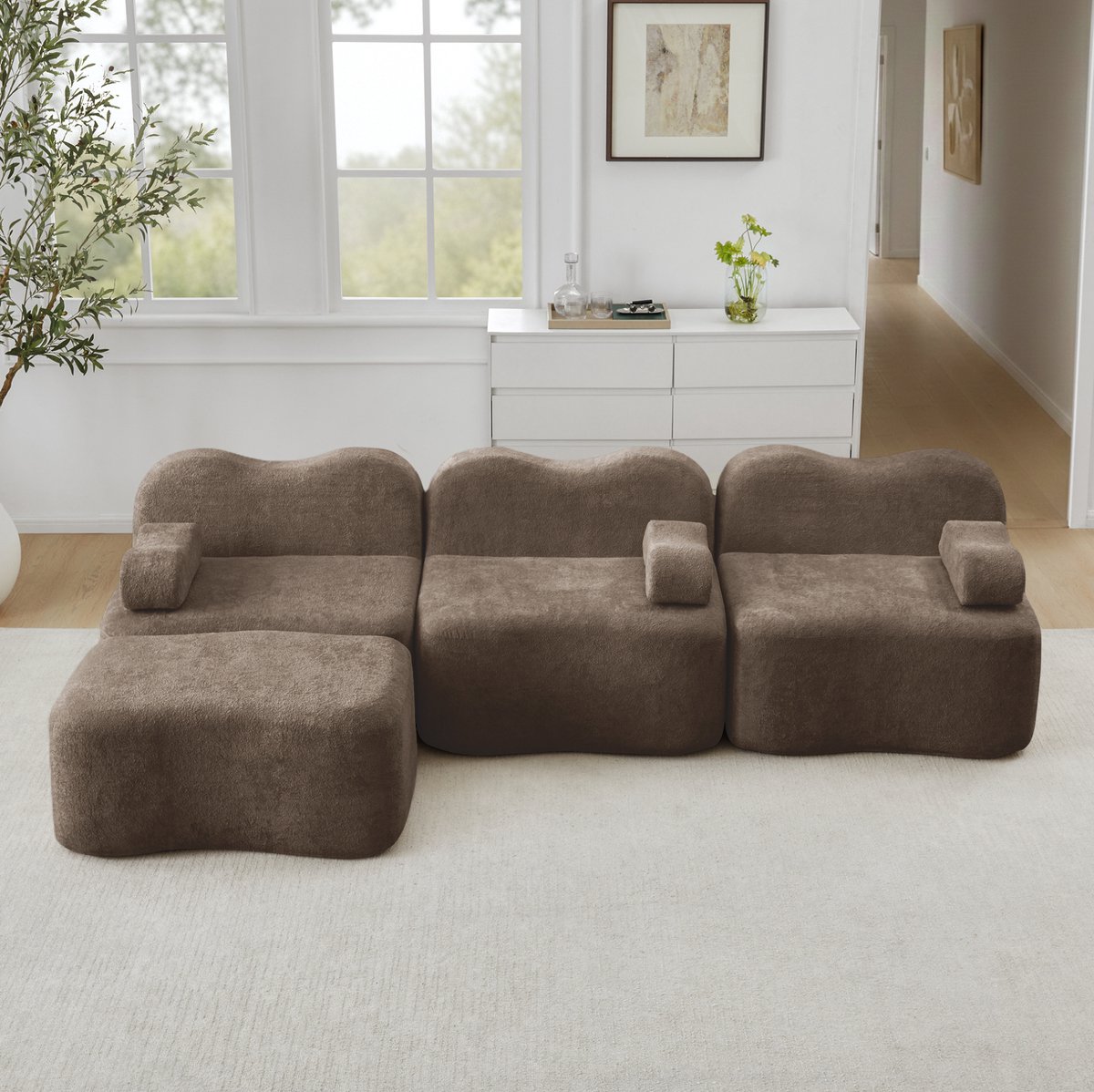 MEUNIQ L-vormige hoekbank 3-zits met 1 ottoman, modulaire bank zonder frame, 32D schuim en velours voor de woonkamer, bruin Brown