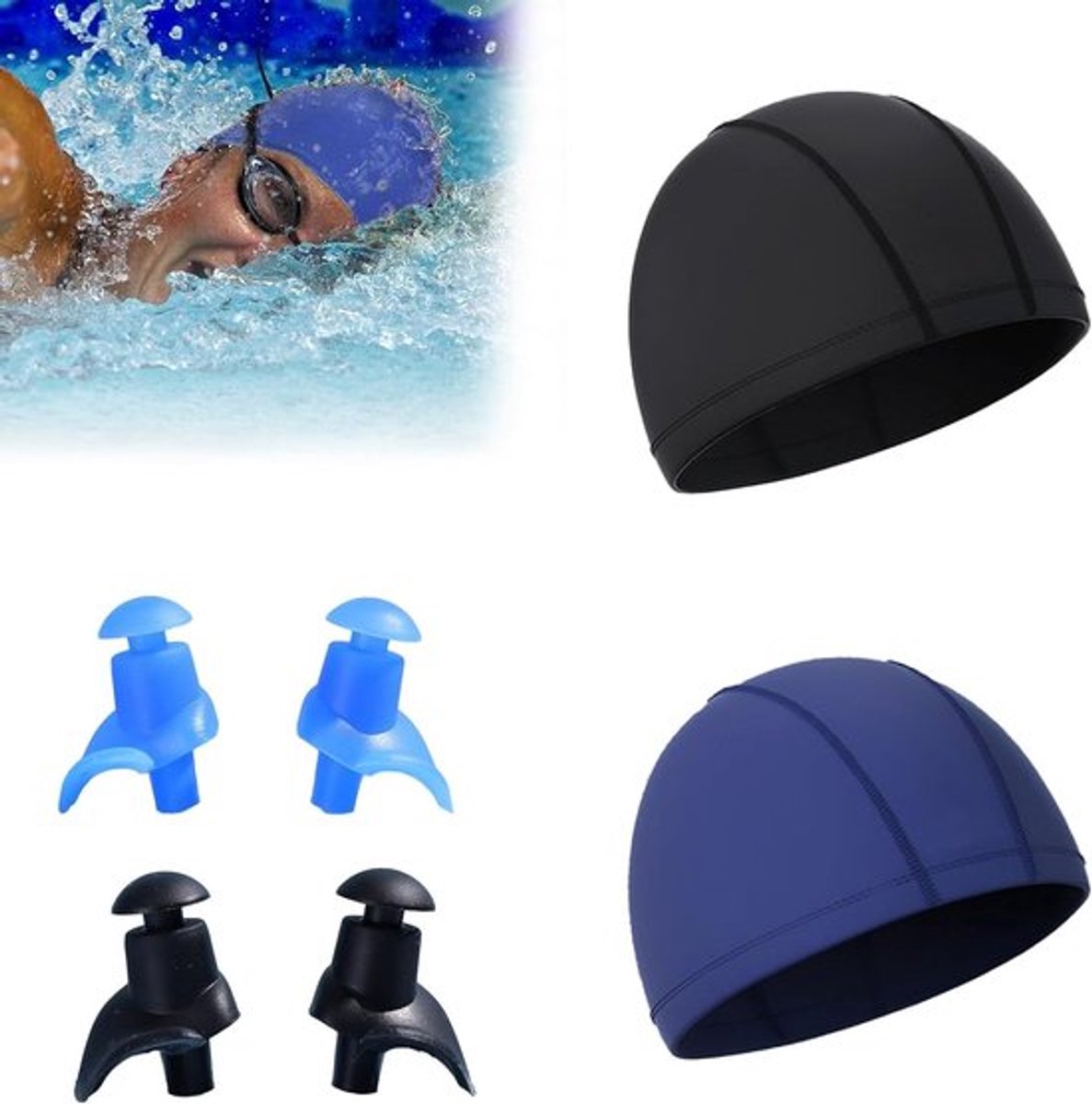 Set van 2 Elastische Zwemcaps voor Volwassenen, Comfortabele en Zachte Zwemhoed met Oorbescherming, Ideaal voor Lang en Kort Haar, Unisex en Lichtgewicht