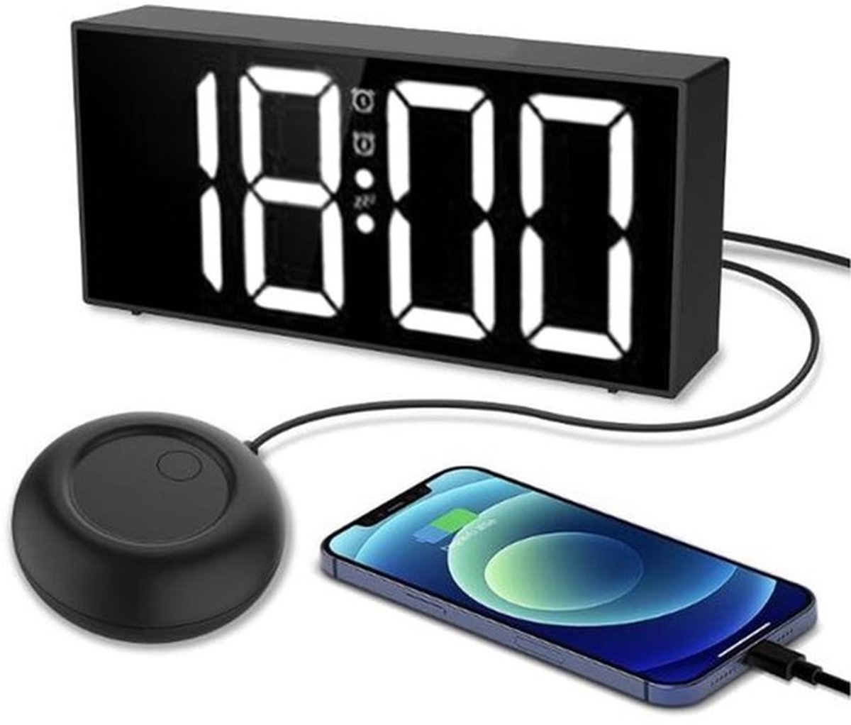 Wekker Luide Bedschudder - 3 Alarmmodi - 7,4 Inch LED Display - Spiegelontwerp - Verstelbare Helderheid - Geschikt voor Slaapproblemen - Trillingswekker