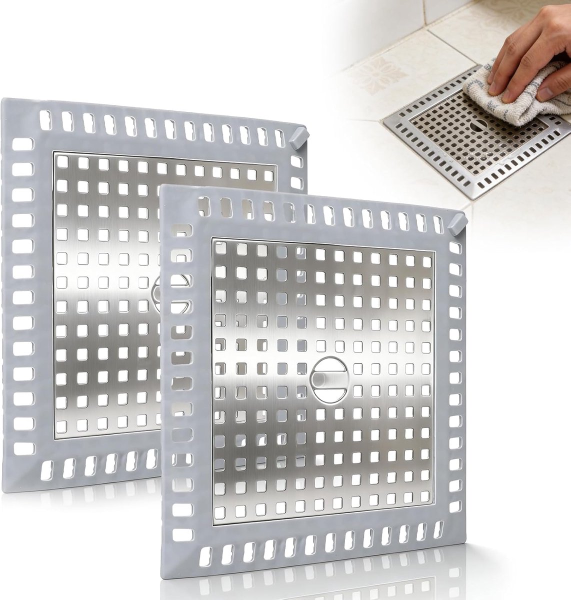 SnelShoppen - 2x vierkante afvoerkap van roestvrij staal, 12.4 x 12.5 cm, doucheafvoer, haarfilter met siliconen rand, universele afvoerbedekking voor