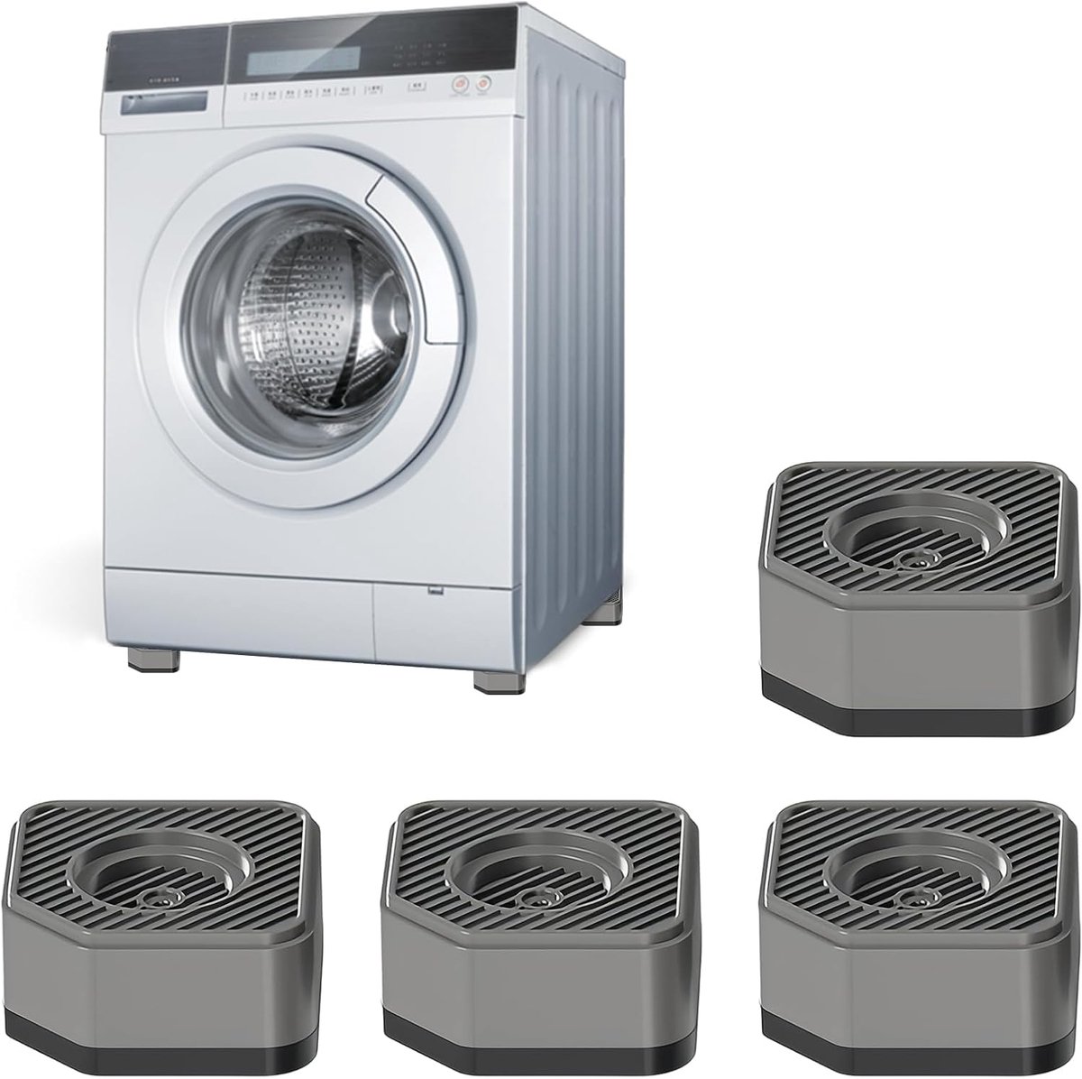 SnelShoppen - Set van 4 Trillingsdempers Wasmachine - Antislip en Stapelbare Voeten voor Wasmachine, Koelkast en Wasdroger - Grijs/Zwart - 9x9x4,5 cm