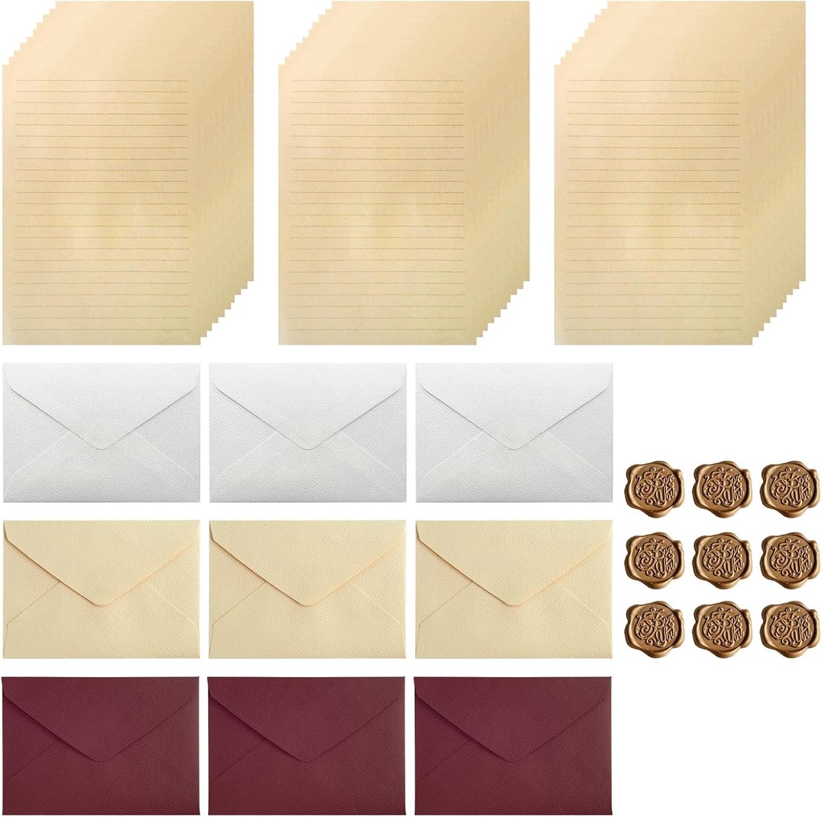48 stuks vintage schrijfpapier en enveloppen, briefschrijfset met 9 vintage enveloppen, 30 A5 briefpapier, 9 waszegels - ShopVlot