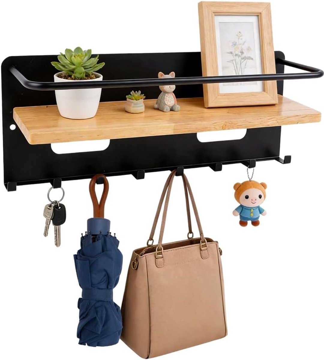 Sleutelhouder met 8 haken - Zwarte sleutelopberger van eikenhout - Modern design met plank - ShopVlot